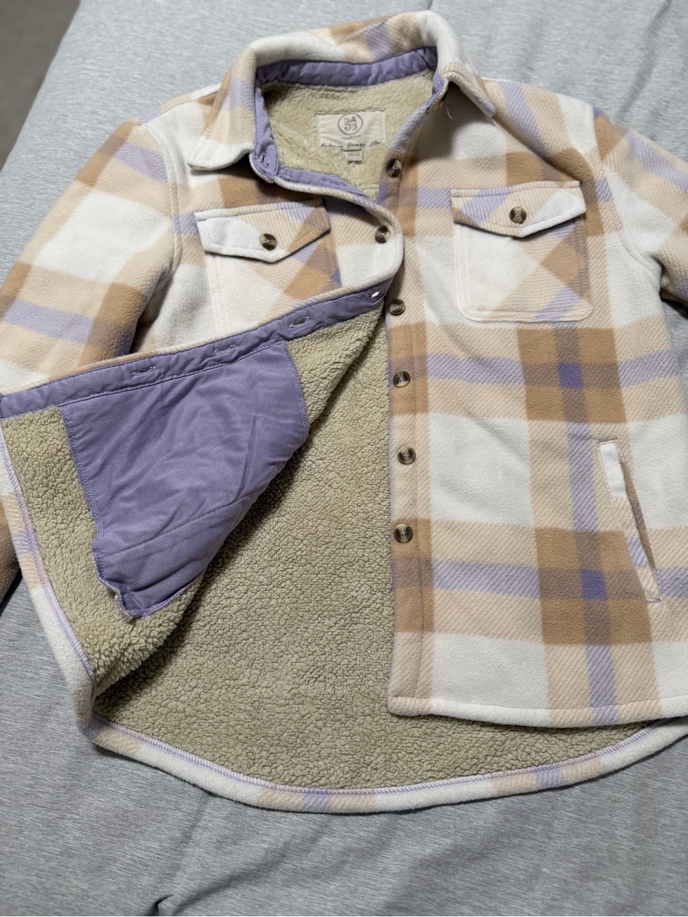 Plaid Sherpa-Lined Shacket in Lavender, Cream & Tan